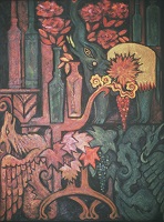still life with a green wooden elephant